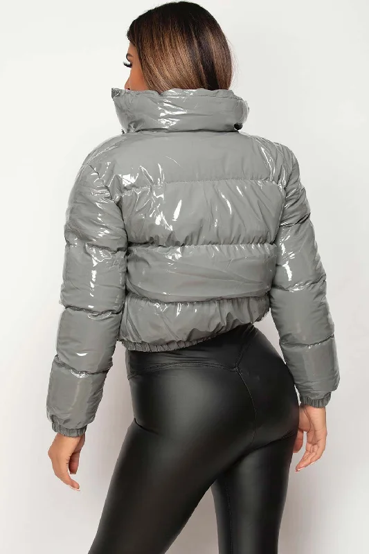 Grey Shiny Vinyl Puffer Jacket Cropped