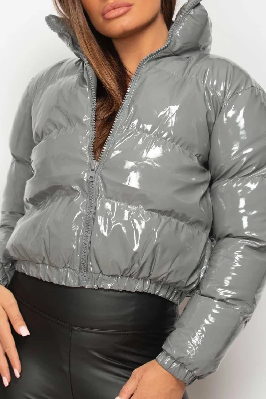 Grey Shiny Vinyl Puffer Jacket Cropped