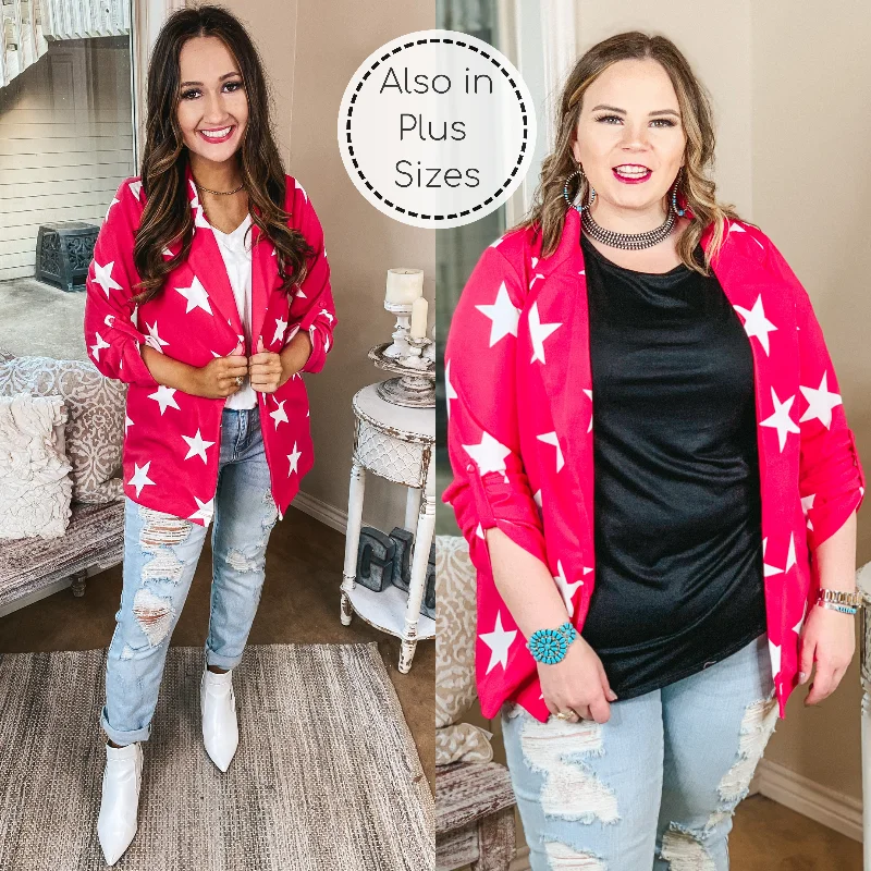 Last Chance Size Small | Out Of Office Star Print Open Front Blazer with Long Sleeves in Hot Pink | ONLY 1 LEFT!