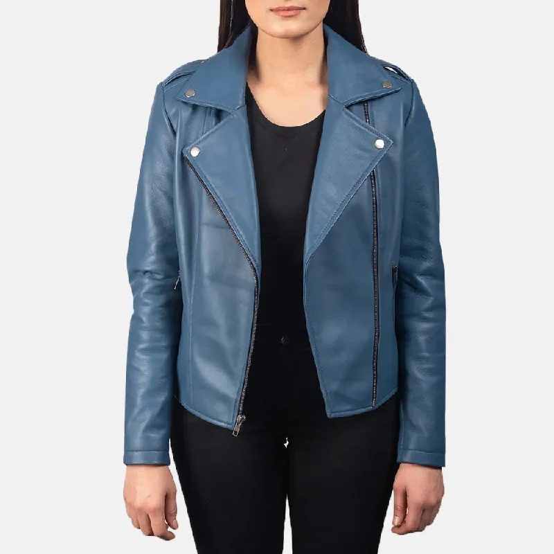 Leather Biker Jacket Blue in Sheepskin Leather