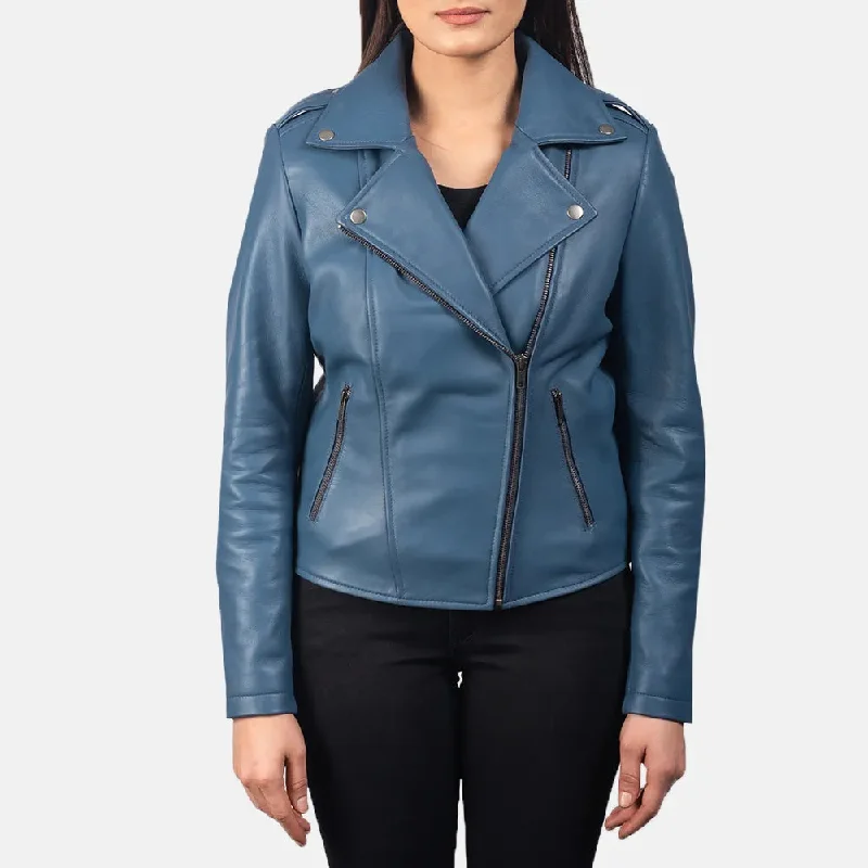 Leather Biker Jacket Blue in Sheepskin Leather