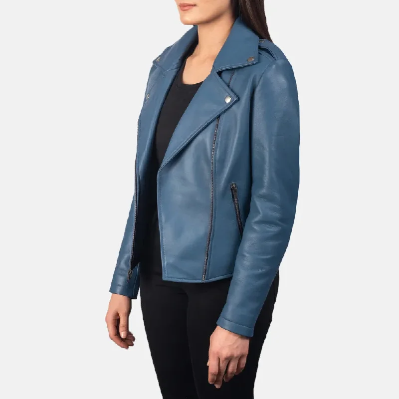 Leather Biker Jacket Blue in Sheepskin Leather