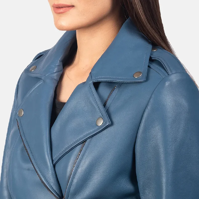 Leather Biker Jacket Blue in Sheepskin Leather