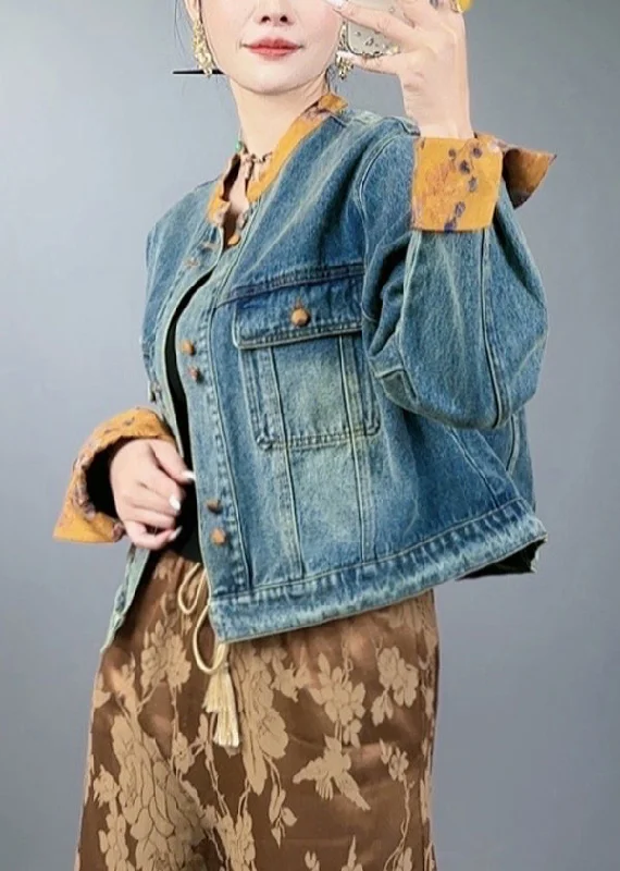 Loose Blue Button Pockets Patchwork Denim Coats Spring