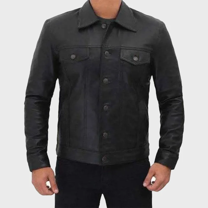 Men’s Real Leather Black Premium Trucker Jacket