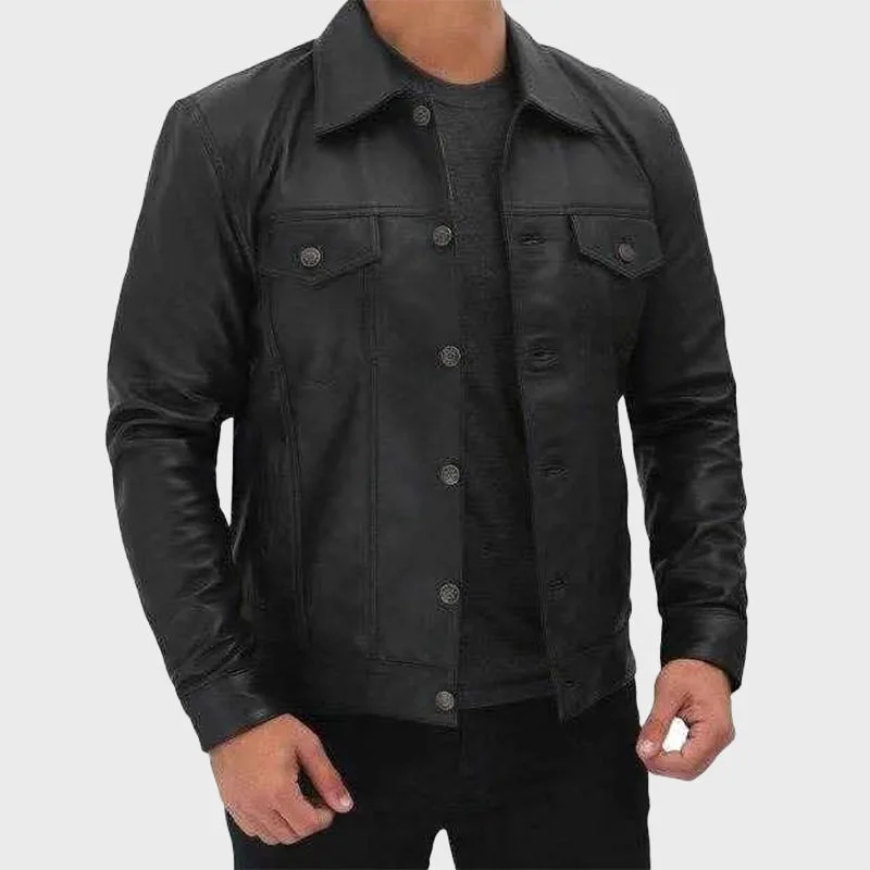 Men’s Real Leather Black Premium Trucker Jacket