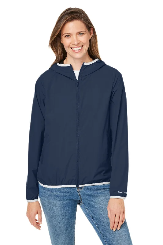 Nautica Womens Stillwater Water Resistant Full Zip Hooded Windbreaker Jacket - Navy Blue