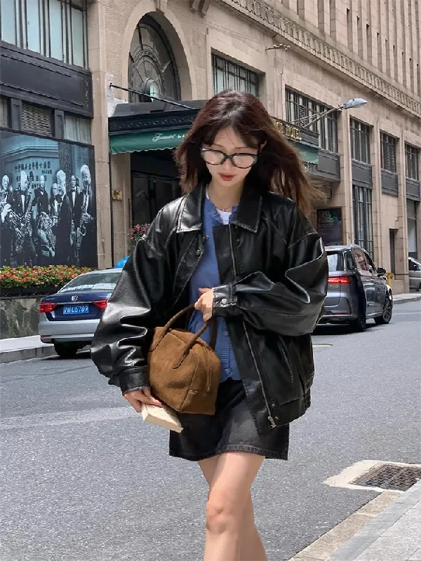 Getadme 1 New Fall Winter Womwn American Vintage Pu Coat Zip Up Faux Leather Old Money Bomber Jacket Classical Oversize Outwear Aesthetic