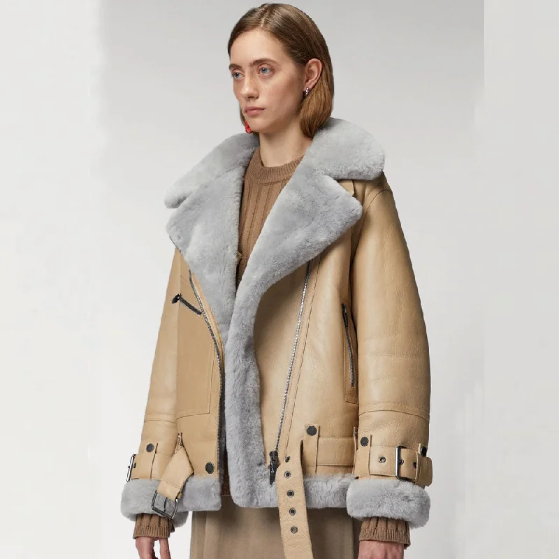 New Lambskin Shearling  RAF Aviator Styled Leather Jacket For Women