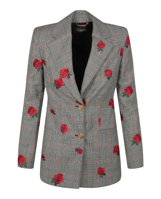 Notched Lapel Rose Embroidered Blazer