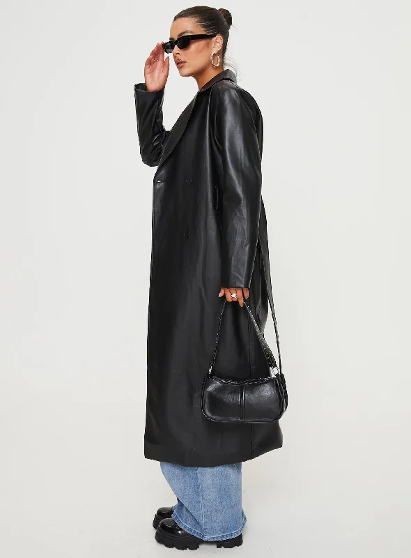 Only For Tonight Faux Leather Trench Coat Black