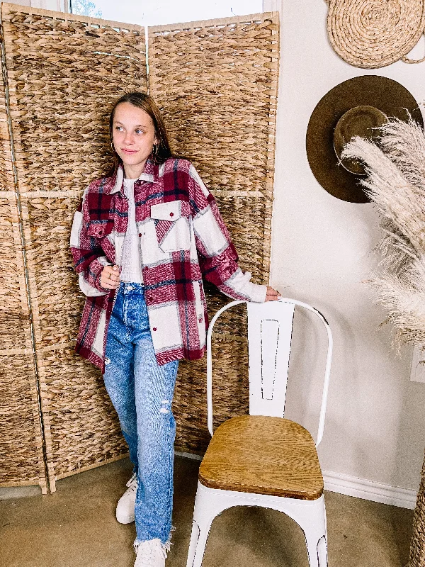 Cozy Memories Plaid Jacket with Front Pockets in Maroon