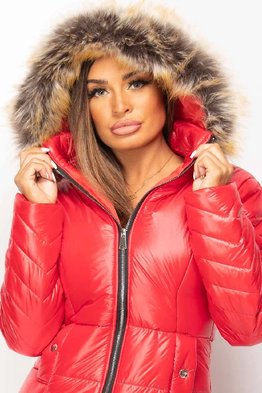 Red Shiny Puffer Jacket With Fur Hood