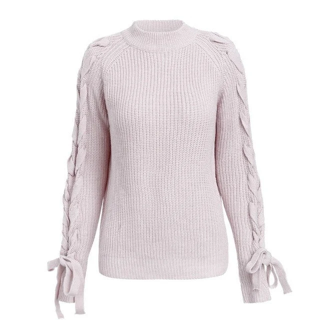 Round neck long sleeve tie sweater