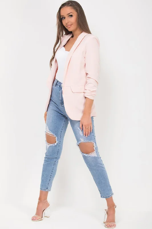 Ruched Sleeve Blazer Pink