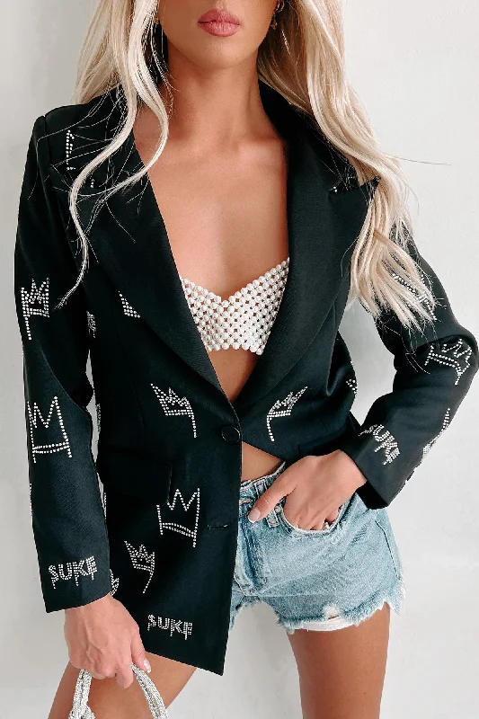 Ruling Like A Queen Rhinestone Detail Blazer (Black)