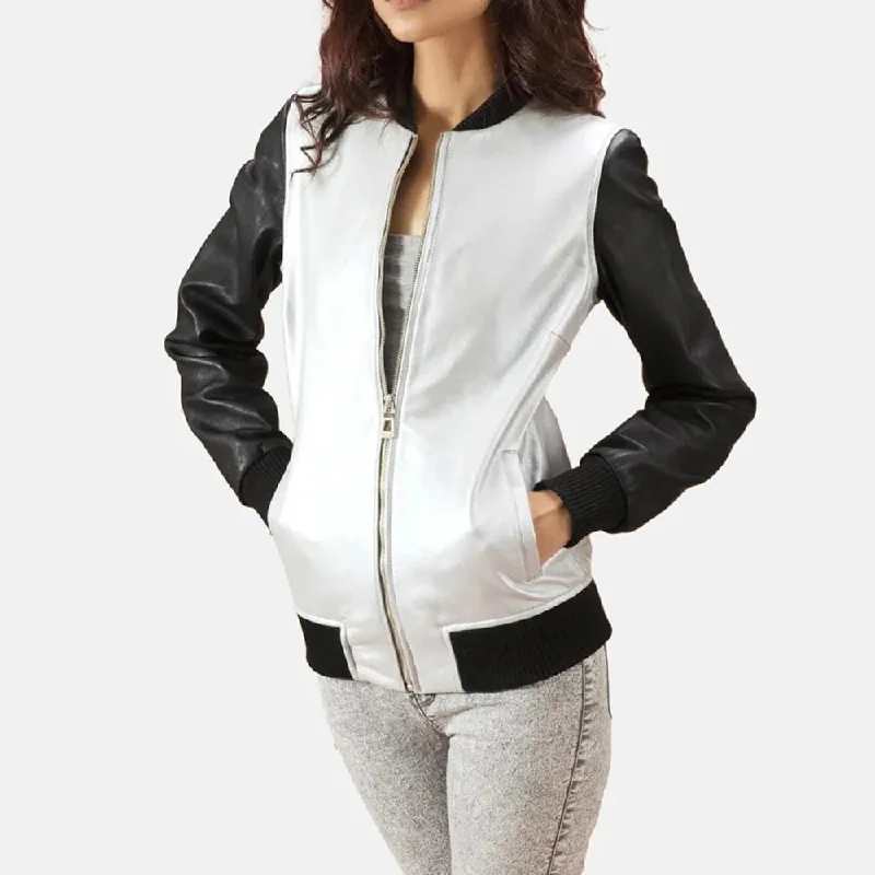 Bomber Black & Silver Leather Jacket Women with Zipper Closure