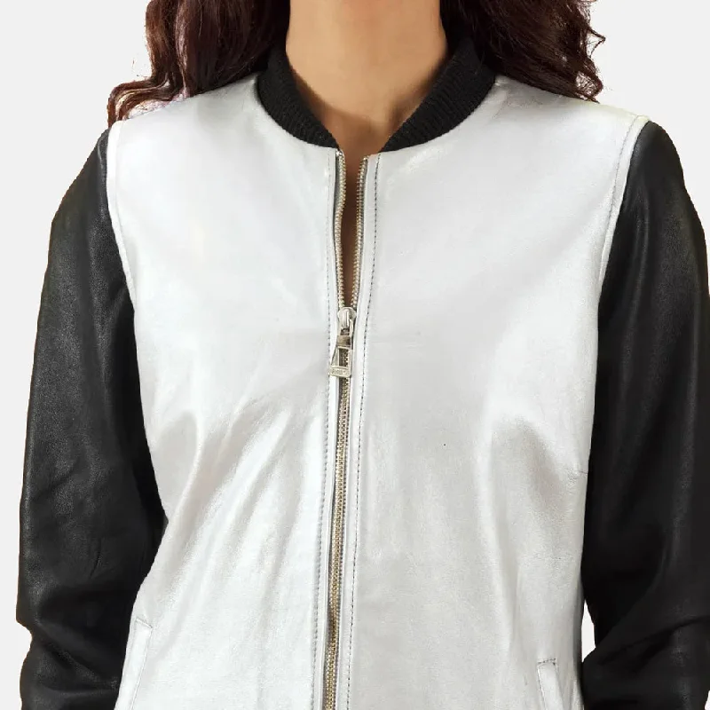 Bomber Black & Silver Leather Jacket Women with Zipper Closure