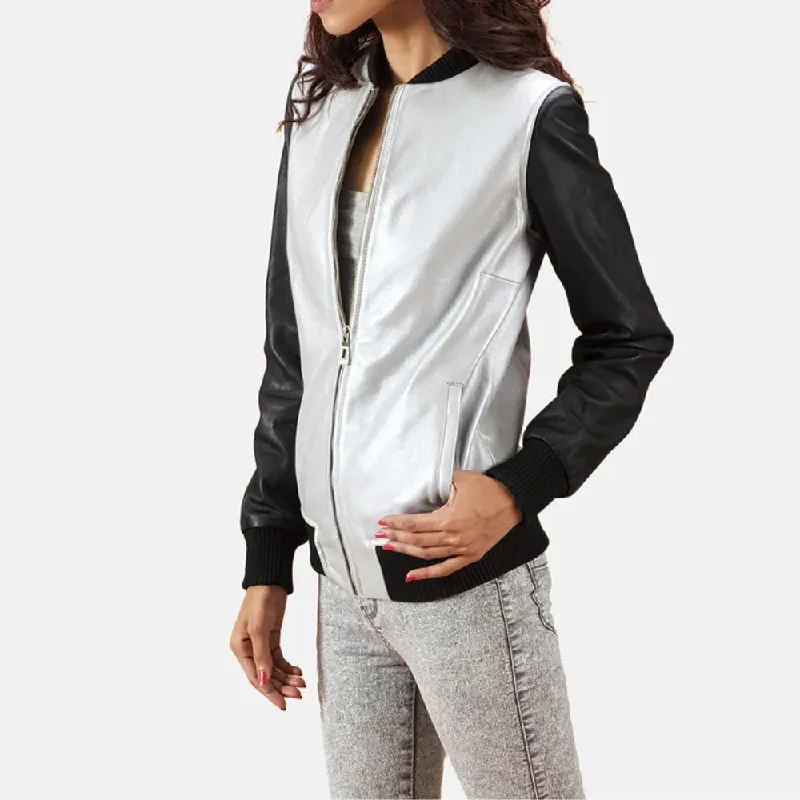 Bomber Black & Silver Leather Jacket Women with Zipper Closure