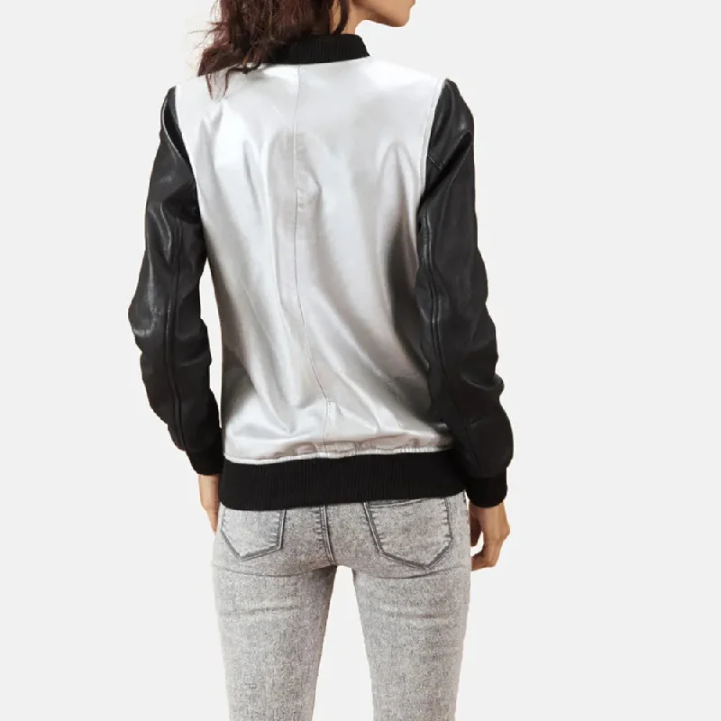 Bomber Black & Silver Leather Jacket Women with Zipper Closure