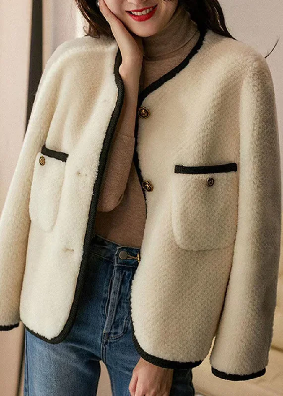 Style Beige O Neck Pockets Button Patchwork Wool Coats Winter