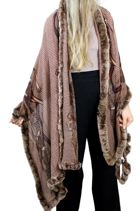 Stylish Print Rex Fur Trim Wrap - Camel