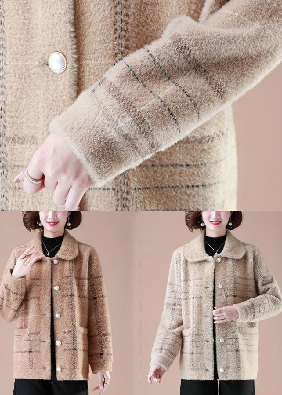 Unique Khaki Peter Pan Collar Plaid Pockets Mink Hair Knitted Coats Winter