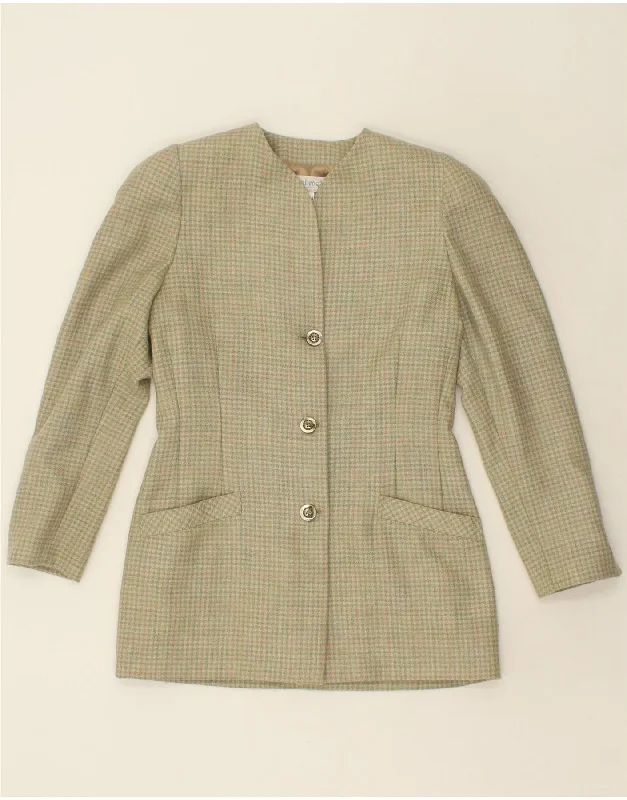 VINTAGE Womens 3 Button Blazer Jacket IT 44 Medium Green Houndstooth Wool