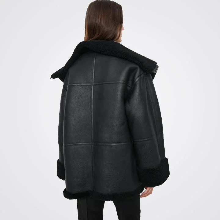 Women B3 RAF Aviator Black Sheepskin Shearling Leather Jacket