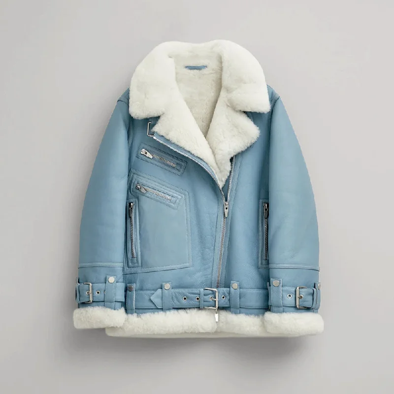 Women Light Blue B3 RAF Aviator Styled Sheepskin Shearling Leather Jacket