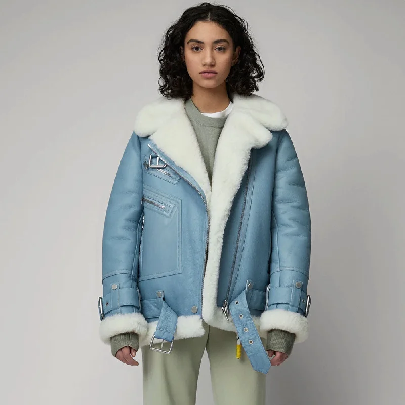 Women Light Blue B3 RAF Aviator Styled Sheepskin Shearling Leather Jacket