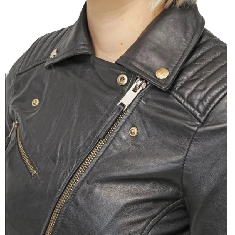 Womens Assymetrical Padded Leather Biker Jacket