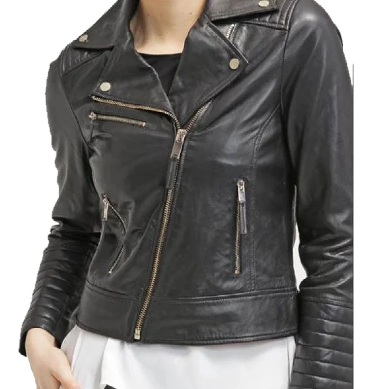 Womens Assymetrical Padded Leather Biker Jacket