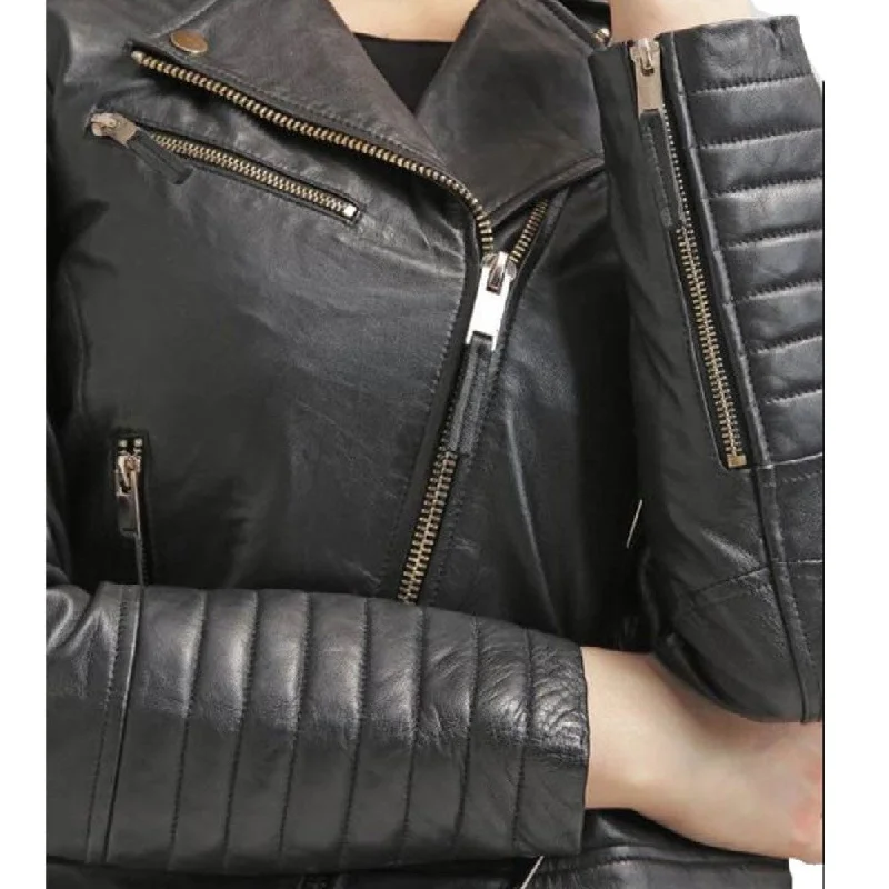 Womens Assymetrical Padded Leather Biker Jacket