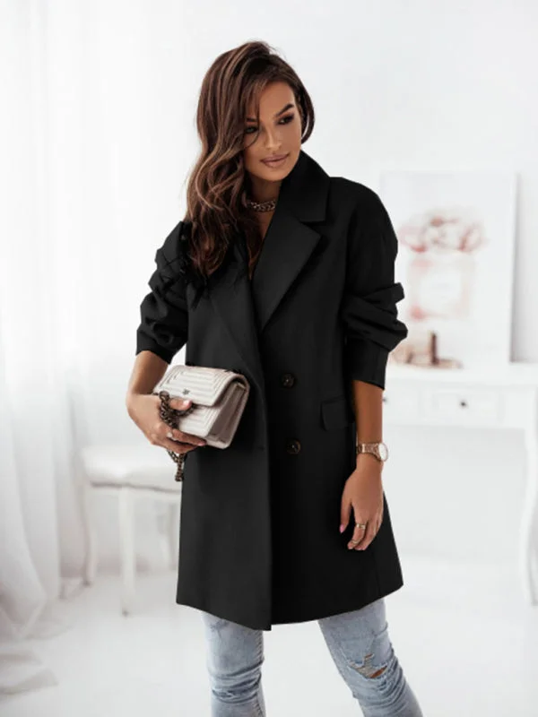 Women's Double Breasted Woolen Blend Mid Length Coat