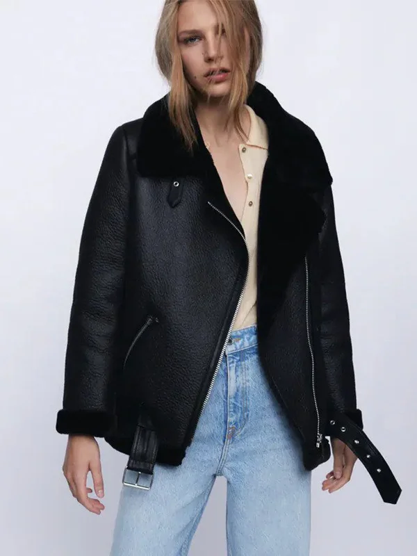 Womens Double-Faced Shearling Black Belted Jacket