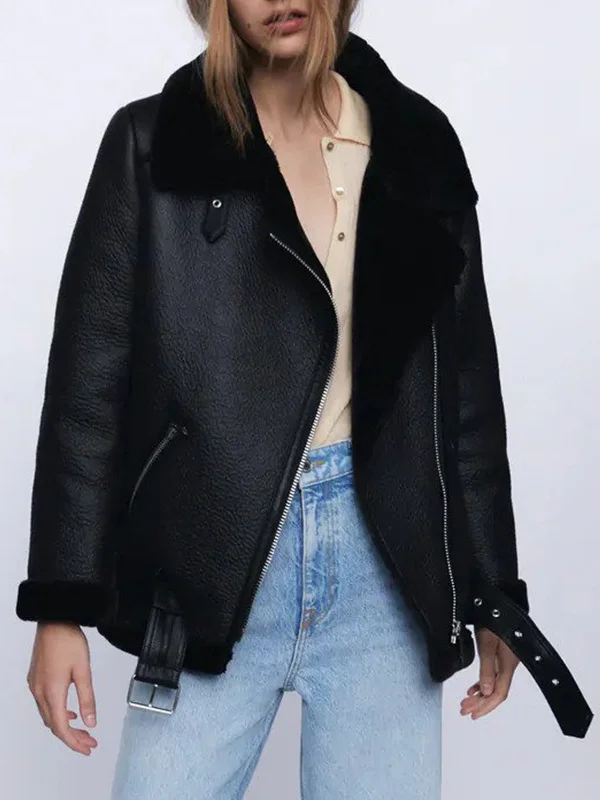 Womens Double-Faced Shearling Black Belted Jacket