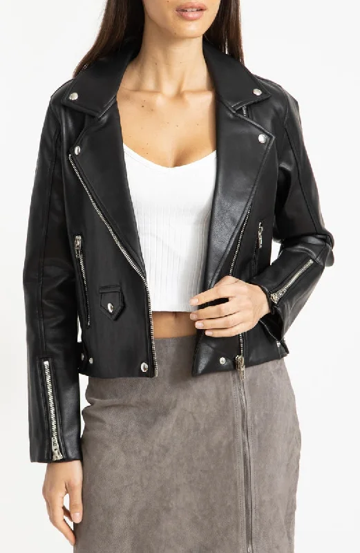 womens hooded biker Leather jacket in Black - Boneshia