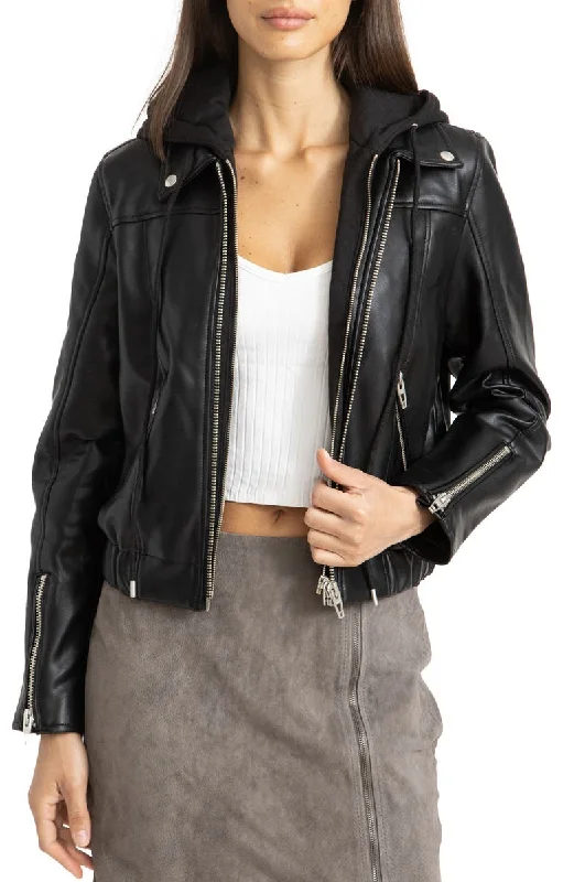 womens hooded biker Leather jacket in Black - Boneshia