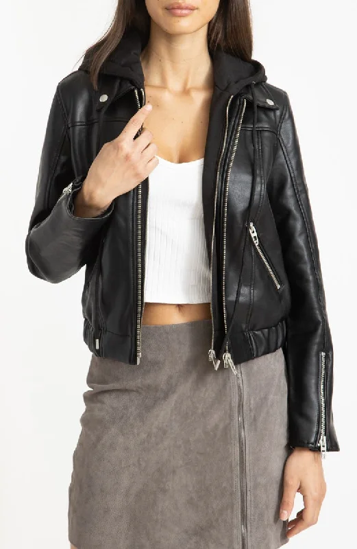 womens hooded biker Leather jacket in Black - Boneshia