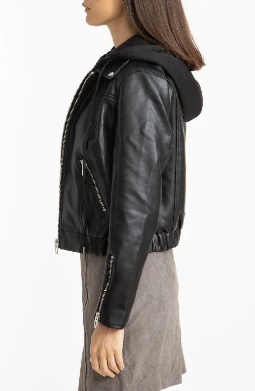 womens hooded biker Leather jacket in Black - Boneshia