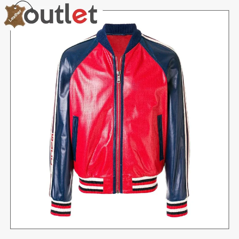 Womens Leather Bomber Jacket with Gucci Logo