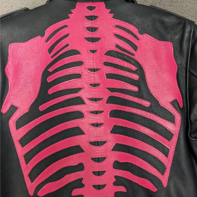 Womens Pink Skeleton Bones Classic Motorcycle Jacket