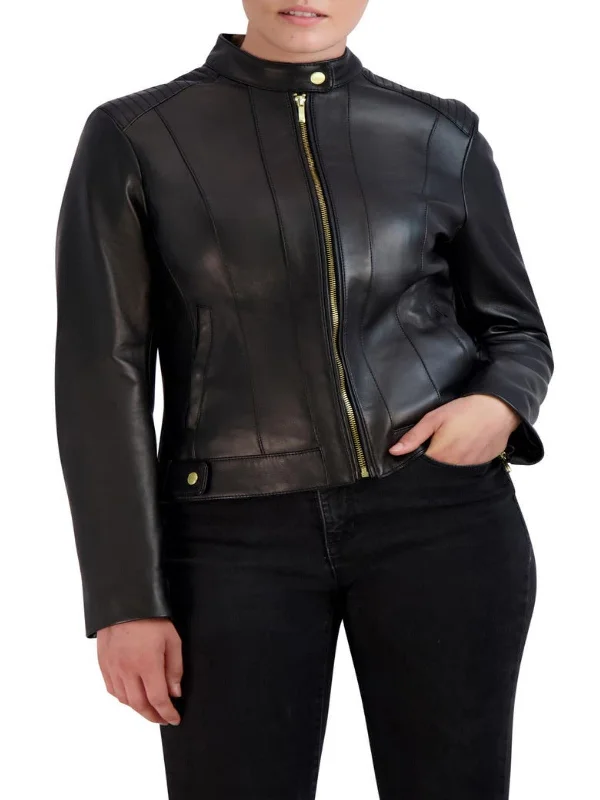 Womens Racer Black Band collar Leather Jacket