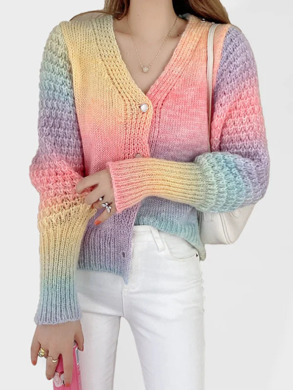 Women's Rainbow Colour Gradient Waist Length Knit Cardigan