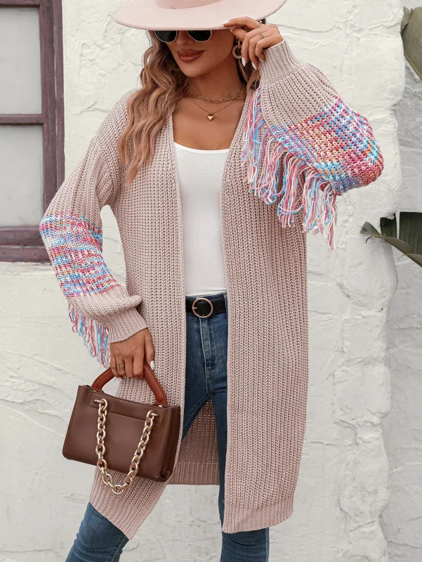 Women's Sleeve Fringe Knitted Longline Cardigan