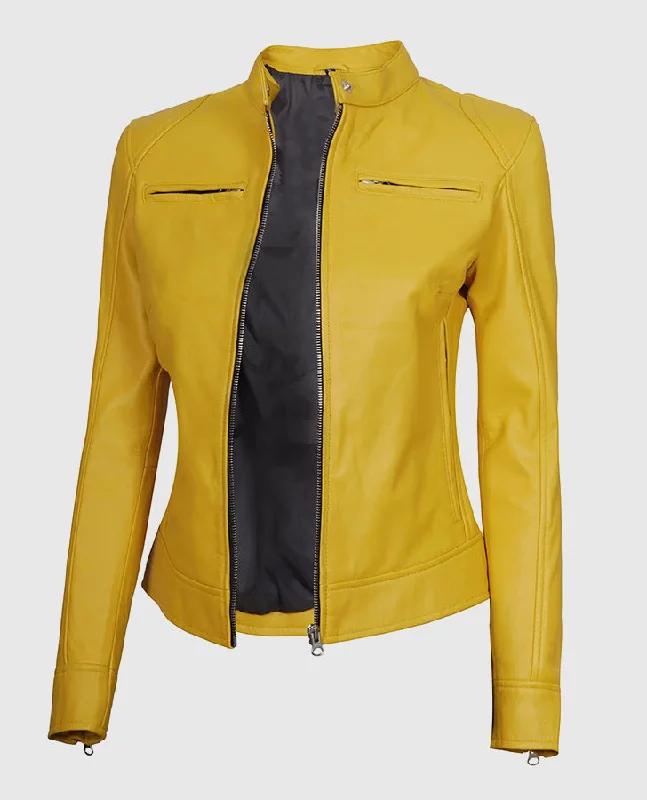 Women's Yellow Cafe Racer Leather Jacket