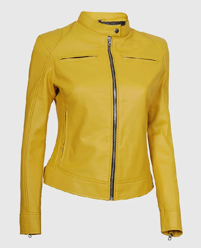 Women's Yellow Cafe Racer Leather Jacket