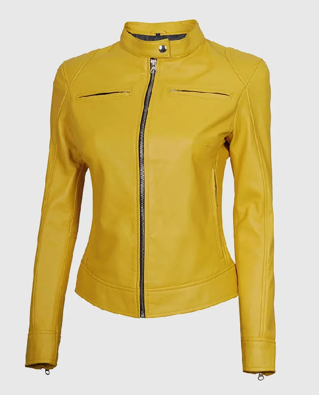 Women's Yellow Cafe Racer Leather Jacket