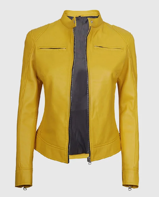 Women's Yellow Cafe Racer Leather Jacket